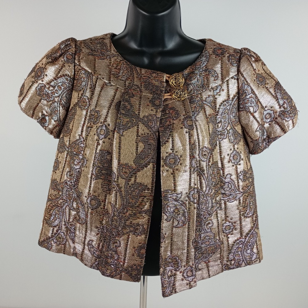 Matty M Womens M Brown Silver Metallic Floral Short Sleeve Bolero‎ Jacket
